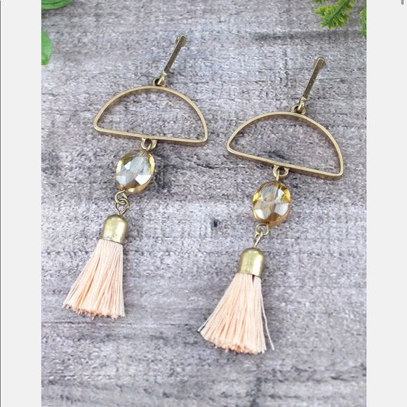 Crave Jewelry - Half Moon With Peach Gem & Tassel Drop Earrings